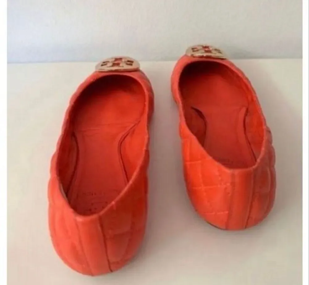Tory Burch Minnie Quilted Leather Ballet Flats Vibrant Orange Fall Preppy Sz 6.5